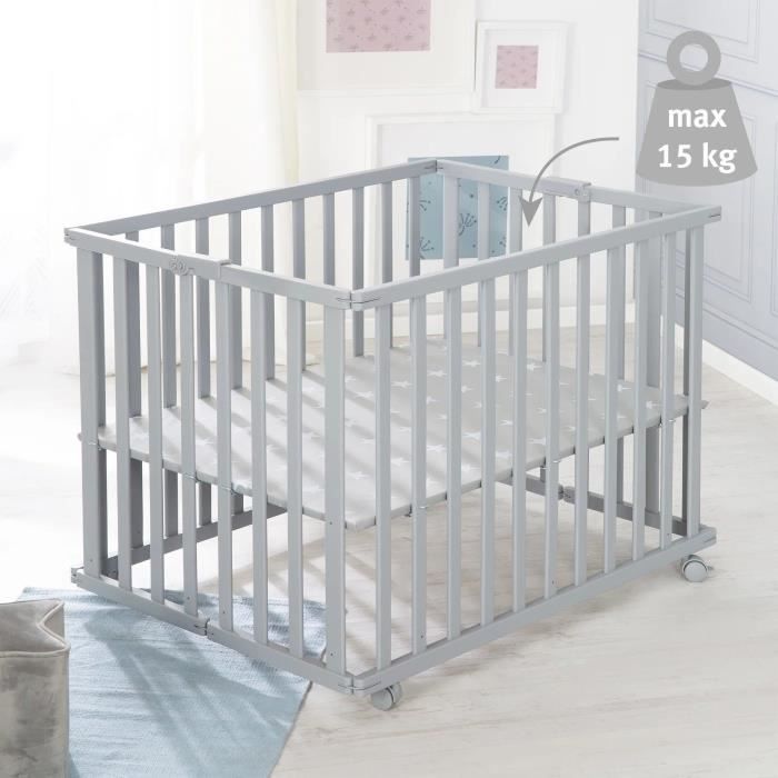 Parc bébé pliable - ROBA - LITTLE STARS - 75 x 100 cm - Hauteur réglable - 4 Roues freinées - Bois Laqué Gris Taupe - Motif Étoile