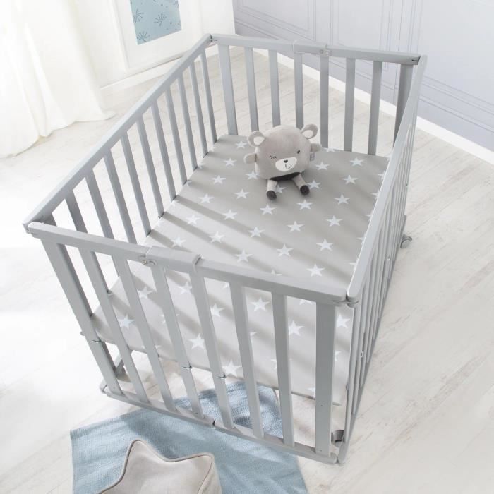 Parc bébé pliable - ROBA - LITTLE STARS - 75 x 100 cm - Hauteur réglable - 4 Roues freinées - Bois Laqué Gris Taupe - Motif Étoile