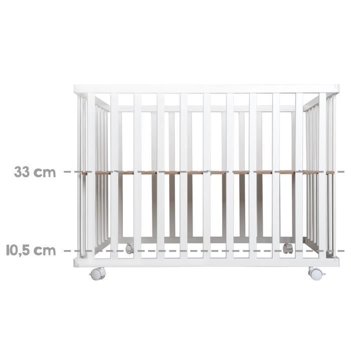 Parc bébé pliant - ROBA - 75 x 100 cm - Réglable en hauteur - Roulettes - Bois / Blanc