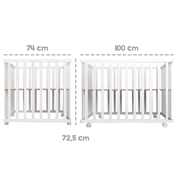 Parc bébé pliant - ROBA - 75 x 100 cm - Réglable en hauteur - Roulettes - Bois / Blanc