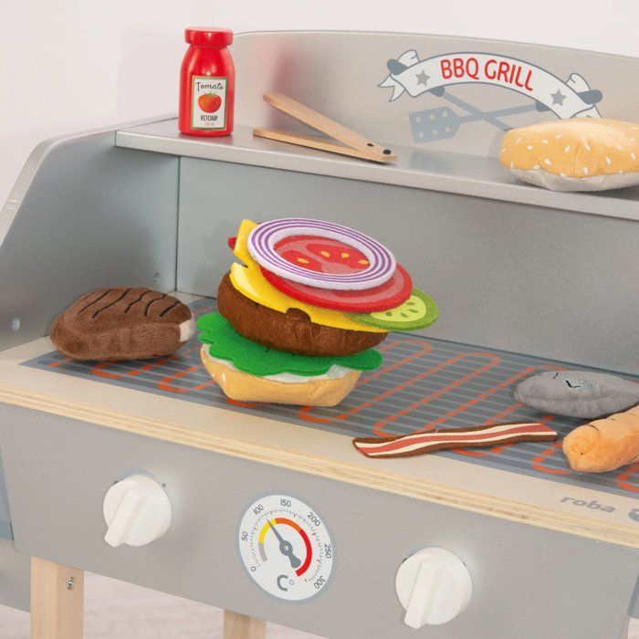 Cuisine barbecue pour enfant - ROBA - Bois massif - 14 accessoires - Gris / Naturel