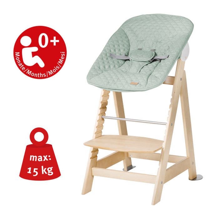 Chaise haute évolutive 2-en-1 - ROBA - BORN UP - Transat inclinable vert givré 'Roba Style' inclus - Bois naturel