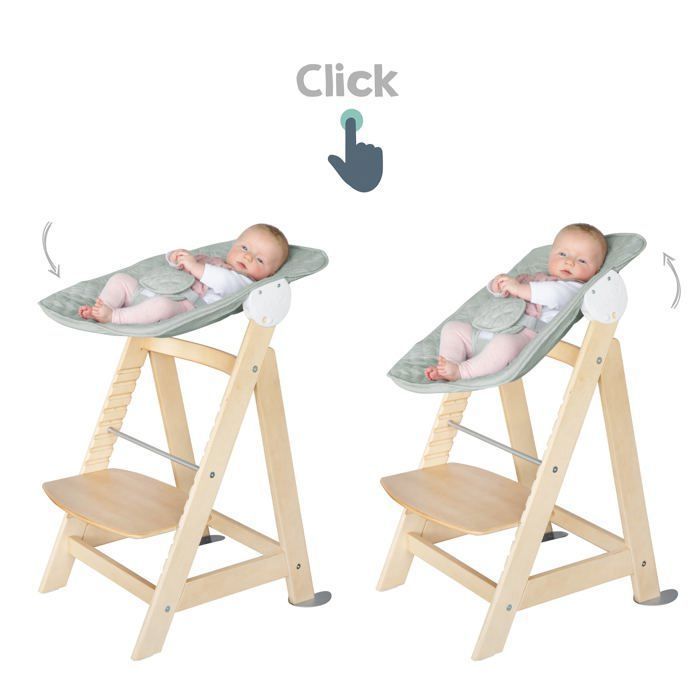 Chaise haute évolutive 2-en-1 - ROBA - BORN UP - Transat inclinable vert givré 'Roba Style' inclus - Bois naturel