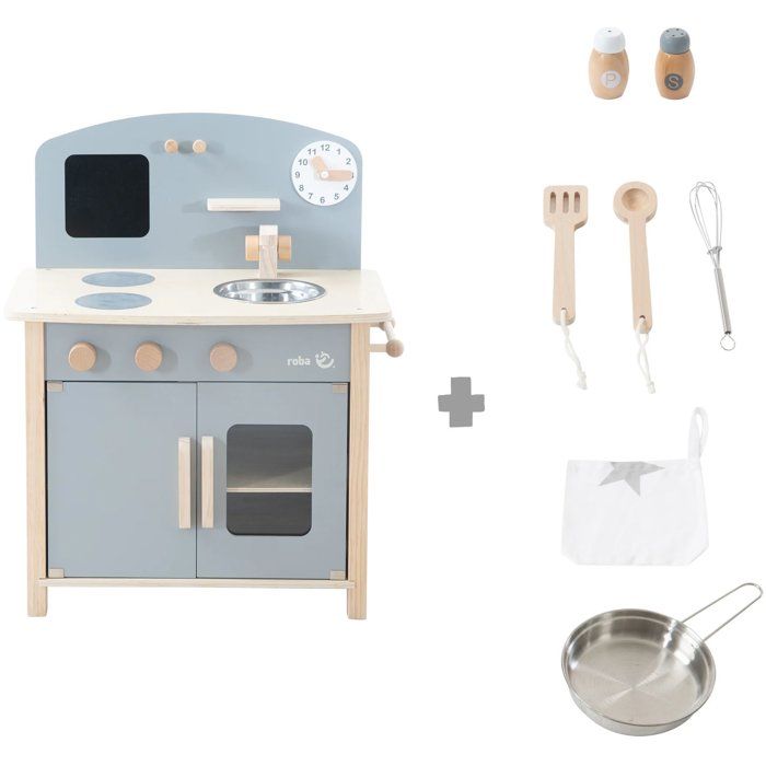Cuisine enfant en bois - ROBA - Avec plaque de cuisson, four, évier, accessoires et horloge - Gris / Naturel