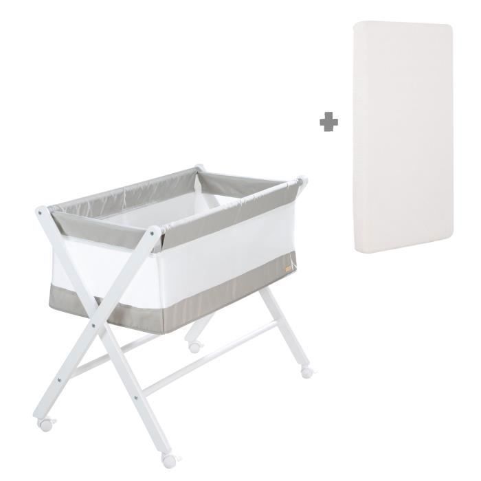Berceau Cododo Pliable - ROBA - Toile et maille - Matelas et roulettes a freins - 90 x 45 cm - Gris / Blanc