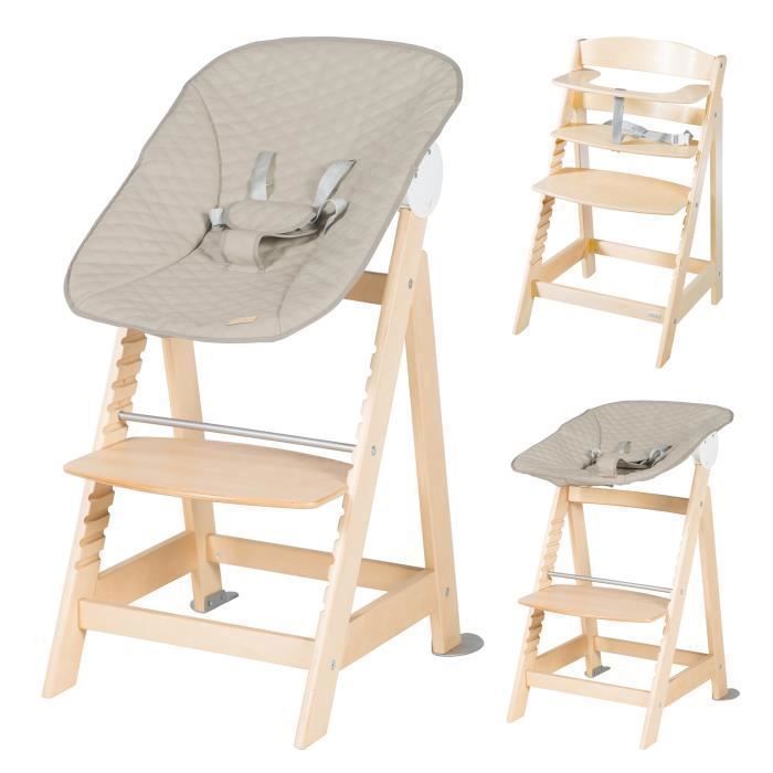 Chaise haute évolutive 2-en-1 - ROBA - BORN UP - Transat inclinable 'Greyish matelassé' inclus - Bois naturel