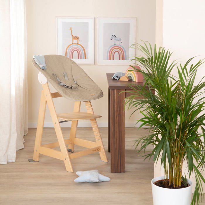 Chaise haute évolutive 2-en-1 - ROBA - BORN UP - Transat inclinable 'Greyish matelassé' inclus - Bois naturel