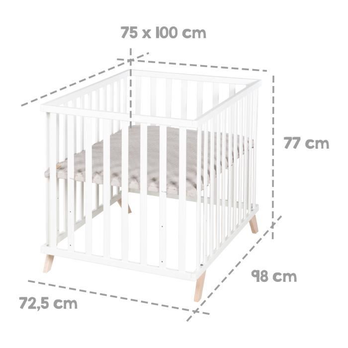 Parc bébé - ROBA - 75 x 100 cm - Tapis de parc 'Lil Planet' gris inclus - Bois laqué blanc