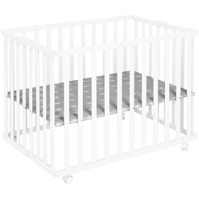 Parc bébé pliable - ROBA - LITTLE STARS - 75 x 100 cm - Réglable en hauteur - 4 Roues freinées - Bois Laqué Blanc - Motif Étoile