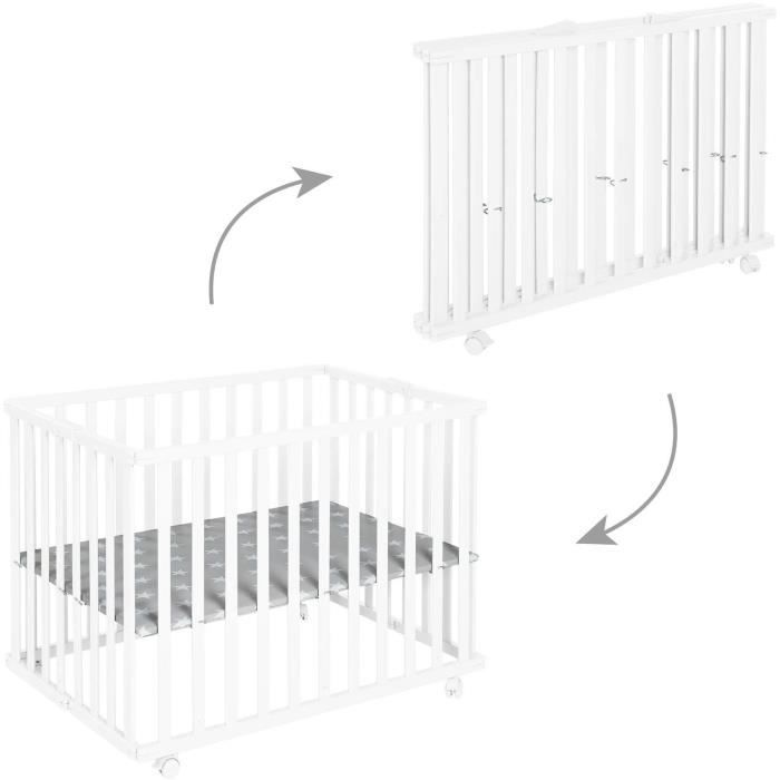 Parc bébé pliable - ROBA - LITTLE STARS - 75 x 100 cm - Réglable en hauteur - 4 Roues freinées - Bois Laqué Blanc - Motif Étoile