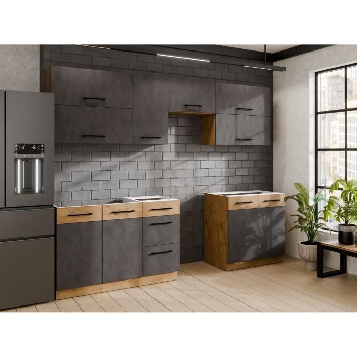 Cuisine complete ROCK 7 éléments - Décor chene lancelot et gris matera - L260 x P 52 x H82 cm - Plan de travail non inclus