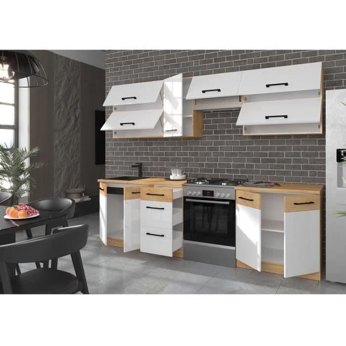 ROCK - Cuisine complete - Mélaminé chene Lancelot et Blanc brillant - 260 cm - Plan de travail non inclus