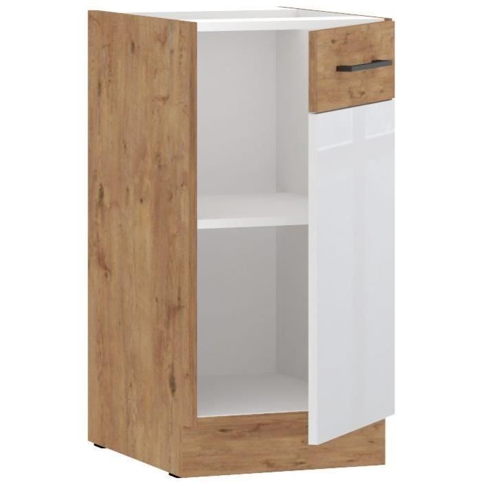 ROCK - Meuble bas - Mélaminé chene Lancelot et Blanc brillant - 40 cm - 1 porte battante - Plan de travail non inclus