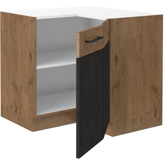 Meuble bas d'angle ROCK - MÈlaminÈ dÈcor chene lancelot et gris matera - 1 porte - L89 x H84 cm - Plan de travail non inclus
