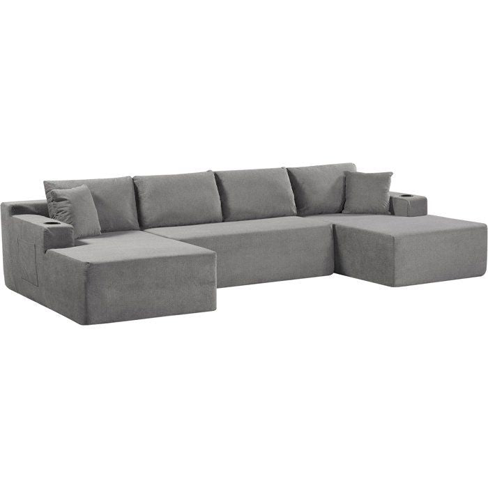 Canapé compressé modulable - 4 places - ROGER - Tissu Gris clair - Rangements & Porte-verres - 339 x 168 x 84 cm