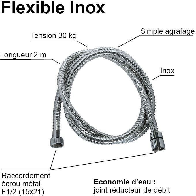 Flexible de douche - ROUSSEAU - Écrous métal - Sertis de sécurité - Longueur 2 m - Inox chromé simple agrafage