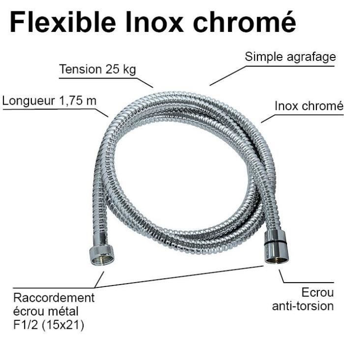 Flexible de douche - ROUSSEAU - Écrous métal anti-torsion - Pression 1 bar - Longueur 1m75 - Inox chromé double agrafage