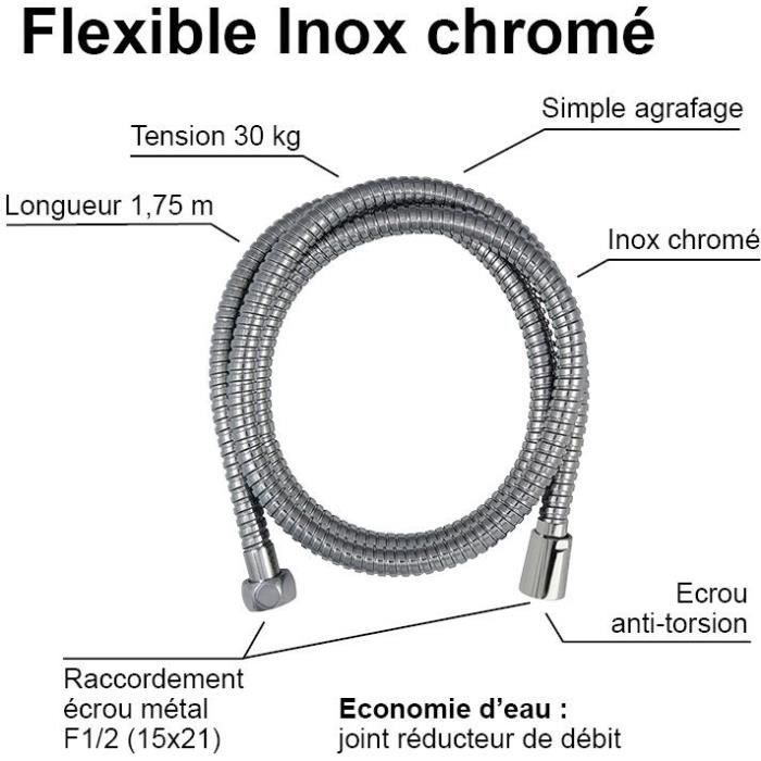 Flexible de douche - ROUSSEAU - Écrou métal anti-torsion - Sertis de sécurité - Longueur 1m75 - Inox chromé simple agrafage