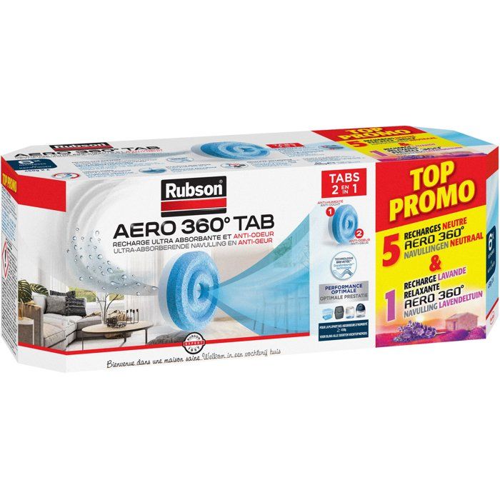 Lot de 6 recharges absorbeur d'humidité - RUBSON - TOP PROMO - 5 recharges Aero 360° Neutre + 1 recharge Aero 360° RELAX Lavande