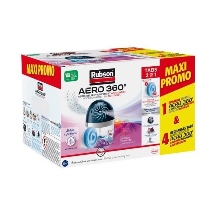 Absorbeur d'humidité - RUBSON - MAXI PROMO - 4 recharges Lavande + 1 appareil Aéro 360° 20 m˛