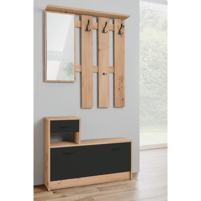 Vestiaire 3 crochets - RUDOLF - Chene artisan / Noir - Style industriel - 100 x 25 x 180 cm