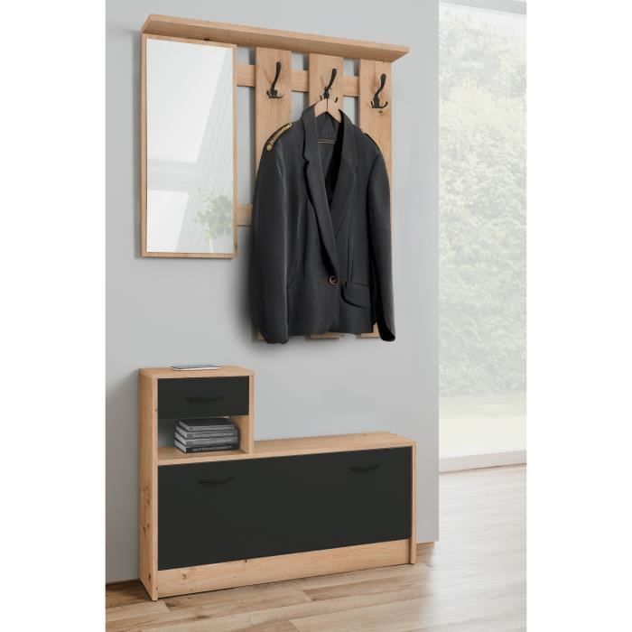 Vestiaire 3 crochets - RUDOLF - Chene artisan / Noir - Style industriel - 100 x 25 x 180 cm