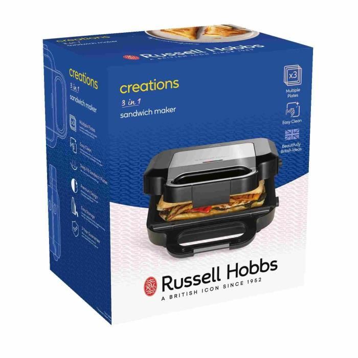 Appareil a sandwich 3 en 1 - Russell Hobbs 26810-56 - 750 W - 3 plaques amovibles - Noir mat / Acier