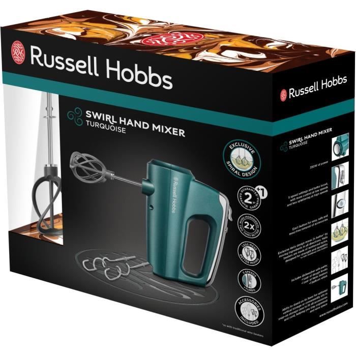 Batteur Mixeur Swirl - Russell Hobbs - 5 Vitesses - Fonction Turbo - PÈtrin - Fouets - Turquoise