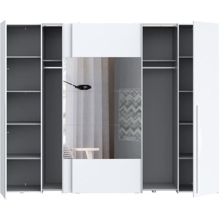 Armoire NARAGO - Décor Blanc mat - 2 portes coulissantes + miroir + 2 portes battantes + 2 penderies - L270 x P61 x H210 cm