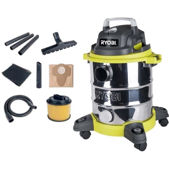 RYOBI - Aspirateur eau et poussiere 1 250 W - cuve Inox 20 L - dépression 20,5 kPa - Avec filtre, extension, suceur - RVC-1220I-G