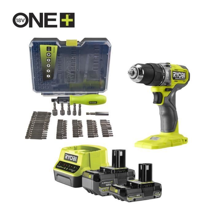 Perceuse-visseuse a percussion - RYOBI - BRUSHLESS - 18V - 54 Nm - 450-1 700 tr/min - 27 200 cp/min + 2 batteries - Chargeur