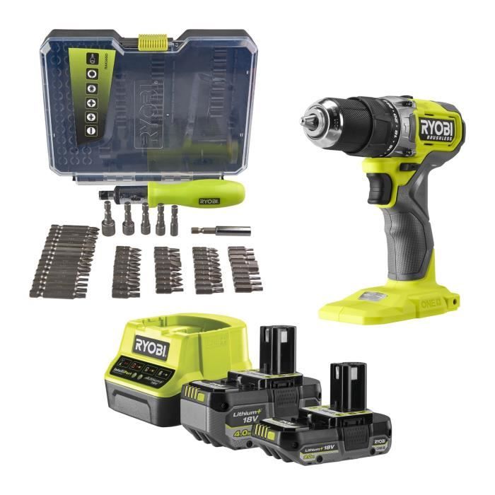 Perceuse-visseuse a percussion - RYOBI - BRUSHLESS - 18V - 54 Nm - 450-1 700 tr/min - 27 200 cp/min + 2 batteries - Chargeur