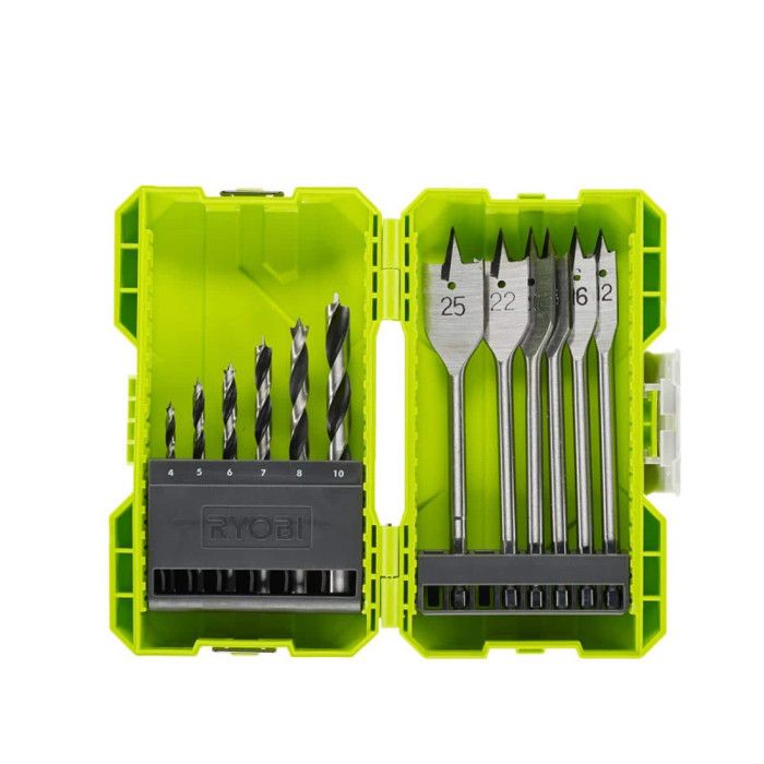 RYOBI - Coffret empilable perçage bois 12 accessoires (6 forets + 6 meches plates) - RAK12SWD