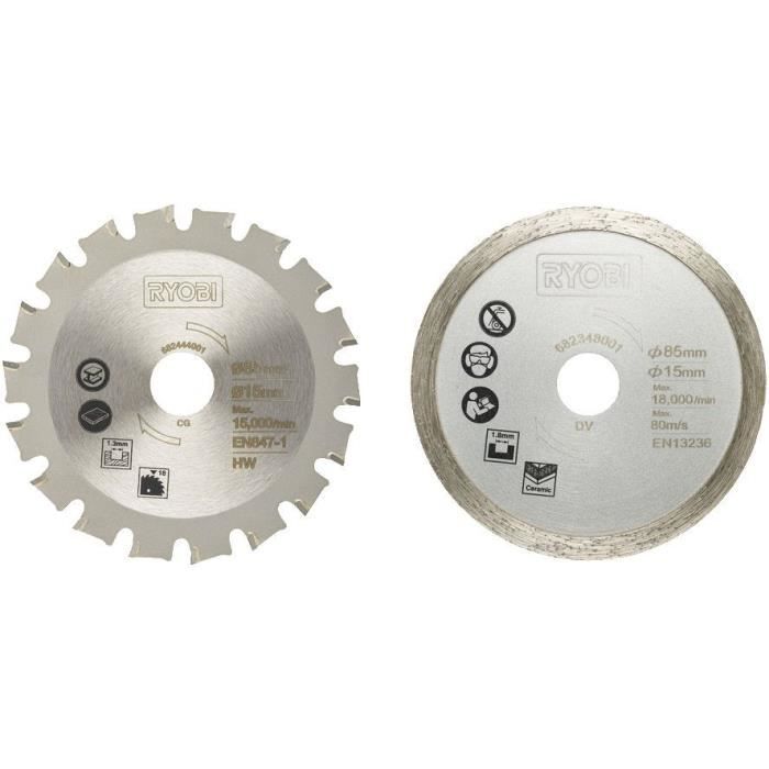 RYOBI - Kit 2 lames (1 lame pour bois/mÈtal et 1 lame carrelage) 85 mm - alÈsage 15 mm pour scie multi-matÈriaux R18MMS - RAKMMS02K