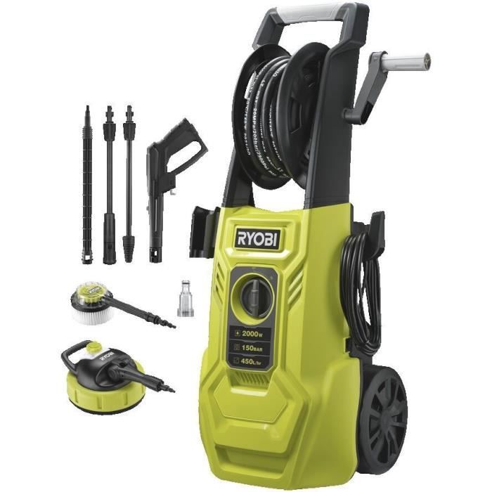 RYOBI - Nettoyeur haute pression 2000 W 150 bars - 450 L - flexible 8m, réservoir 0,9L + lances vario & turbo et brosse - RY150PWA