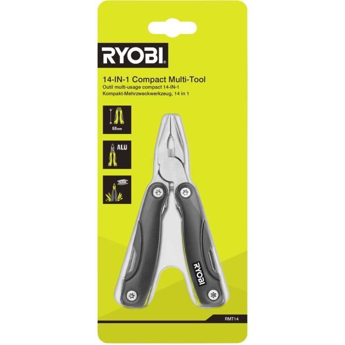 Pince multifonction 14-en-1 - RYOBI - Pince, ciseaux, décapsuleurs, couteau, tournevis, pince, poinçon, scie, lime, lames -