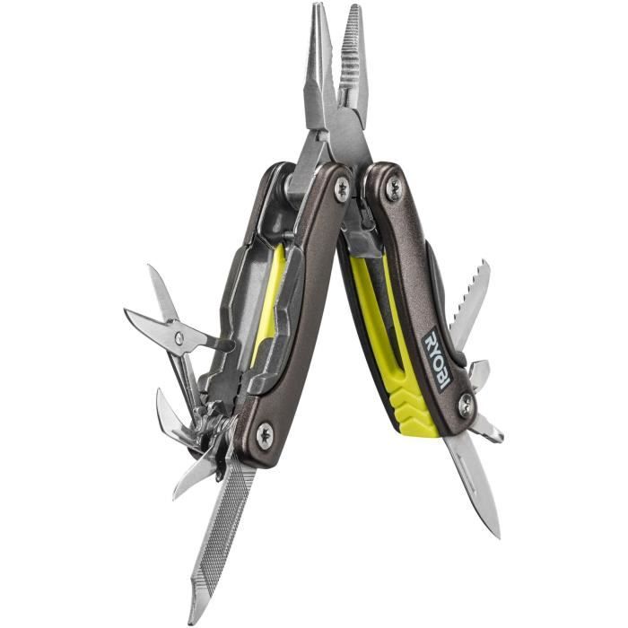 Pince multifonction 14-en-1 - RYOBI - Pince, ciseaux, décapsuleurs, couteau, tournevis, pince, poinçon, scie, lime, lames -