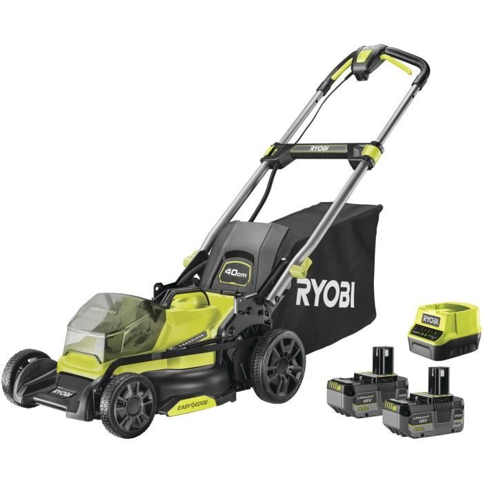 RYOBI - Tondeuse poussÈe 18V Brushless - ÿ coupe 40 cm - ramassage et mulching - 2 batteries 18V 4,0 Ah & chargeur - RY18LMX40C-240