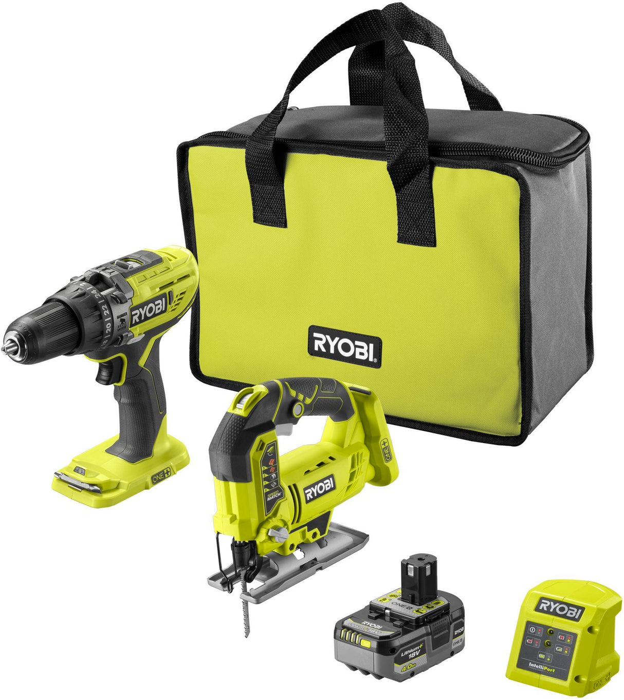 Pack 2 outils - RYOBI - 18V ONE+ - 1 perceuse-visseuse a percussion R18PD3 + 1 scie sauteuse R18JS - 1 batterie 18V 4,0 Ah chargeur