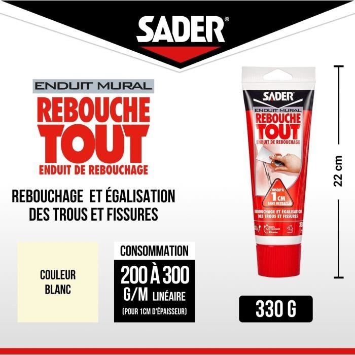 Enduit de rebouchage - SADER - Rebouche Tout - Pret a l'emploi - Trous et fissures - Joint plaque de plâtre - Tube 330 g