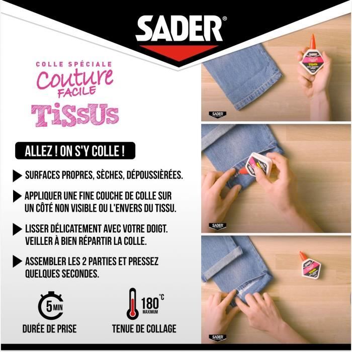 Colle textile - SADER - Tissus et textiles - Ourlets et customisation - Résiste aux lavages - Transparent - Flacon 40 ml