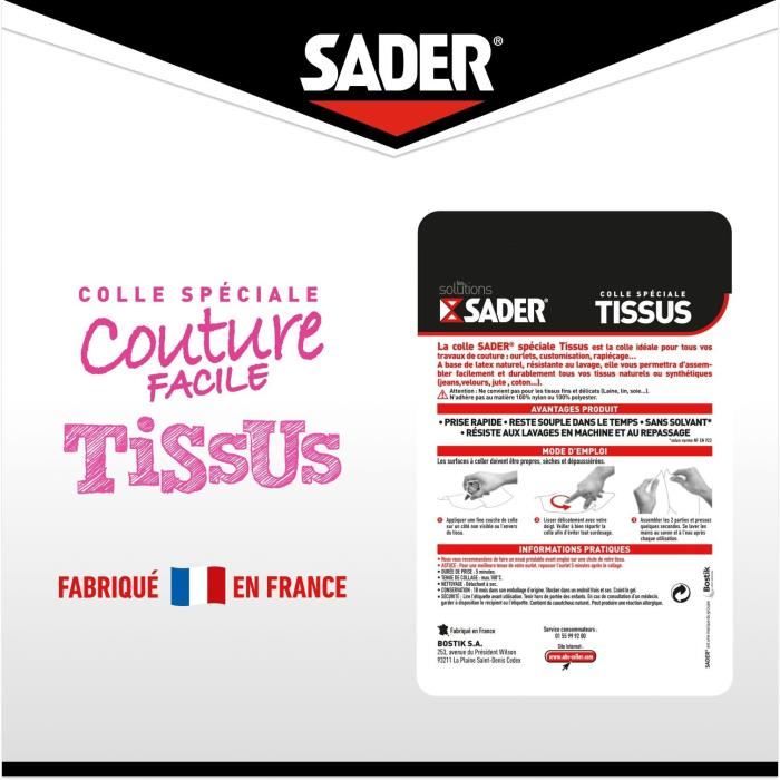 Colle textile - SADER - Tissus et textiles - Ourlets et customisation - Résiste aux lavages - Transparent - Flacon 40 ml