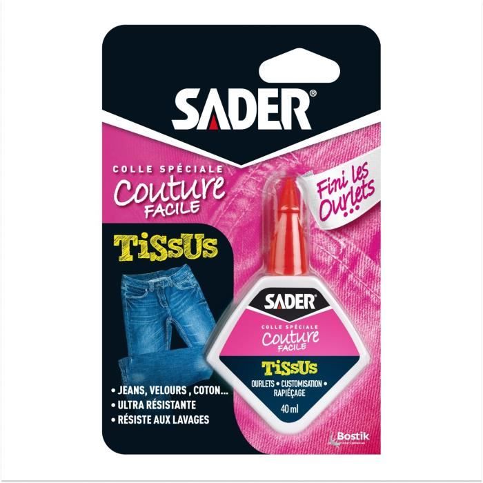 Colle textile - SADER - Tissus et textiles - Ourlets et customisation - Résiste aux lavages - Transparent - Flacon 40 ml