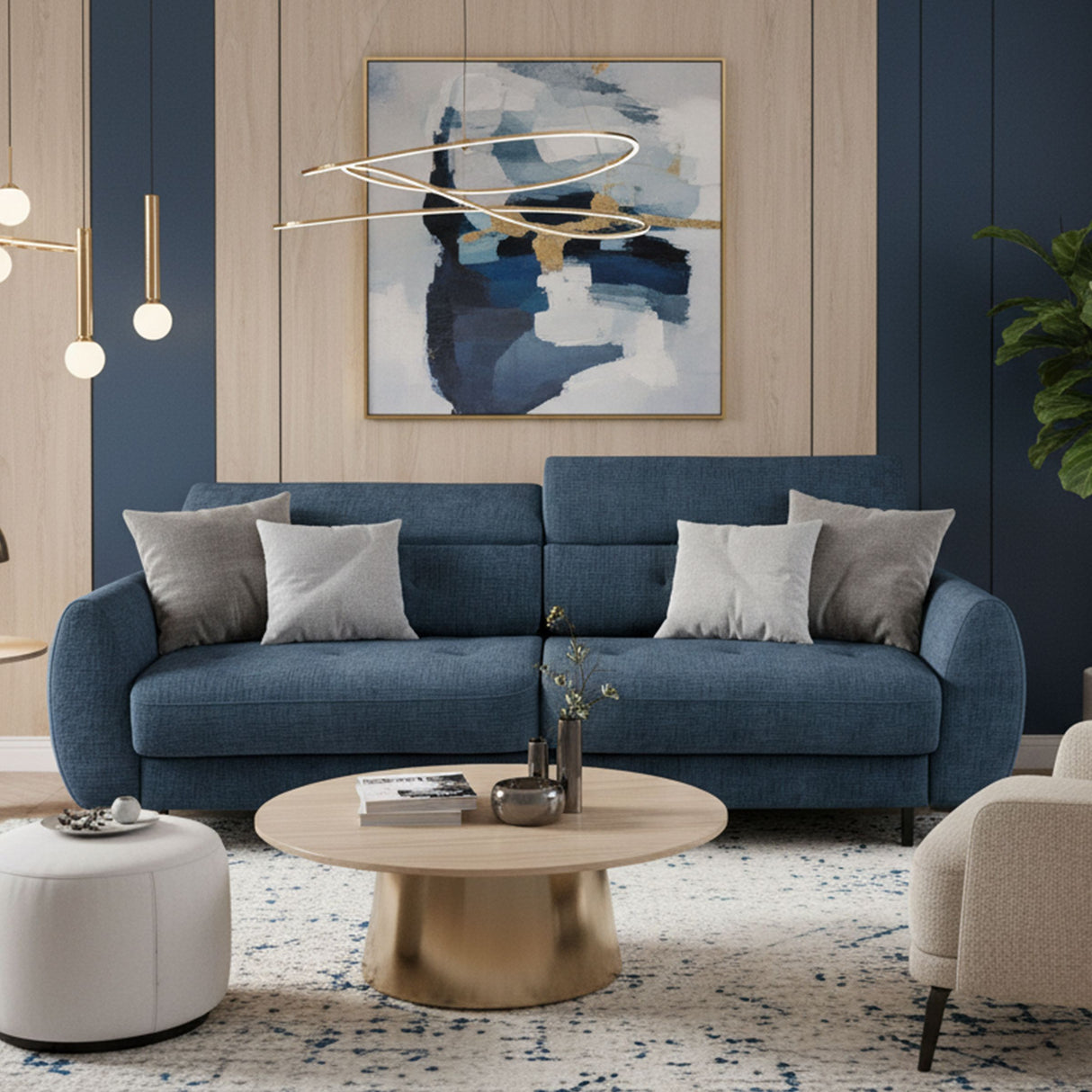 Canapé convertible express - 3 places - SAFIA - Tissu gauffré - Saphir - Matelas 15 cm - 226 x 105 x 76 / 94 cm - DUNLOPILLO