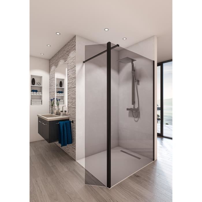 Paroi de douche en verre trempé 8mm - Saint-Gobain - 900mm - Parsol gris - Quincaillerie noire mat