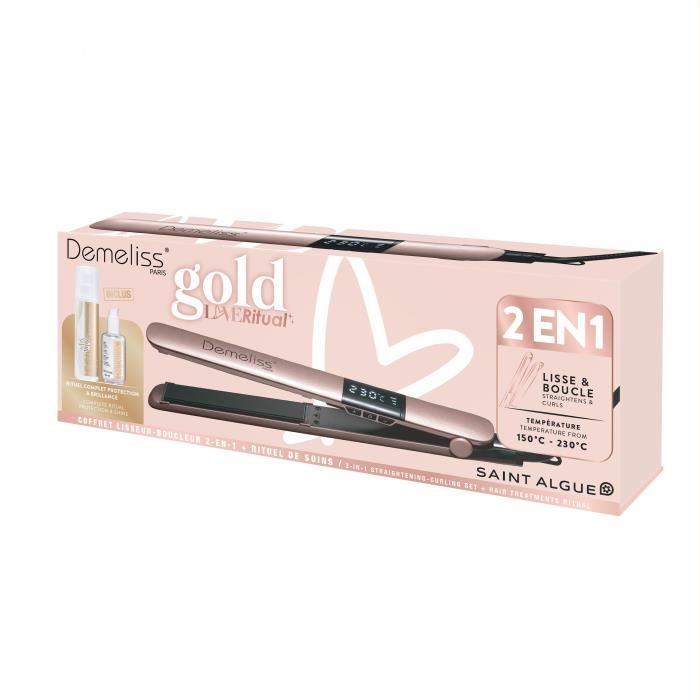 Lisseur - SAINT ALGUE - Coffret Demeliss Kera-GOLD 2 en 1 - Lisse & Boucle - Jusqu'a 230°C - Comprend 2 Soins Avant & Apres Lissage