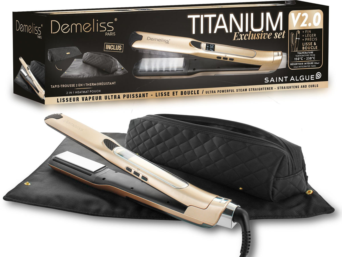 Coffret lisseur vapeur + tapis trousse 2-en-1 - SAINT ALGUE - Demeliss Exclusive Set Tita V2 - Titanium - Gold