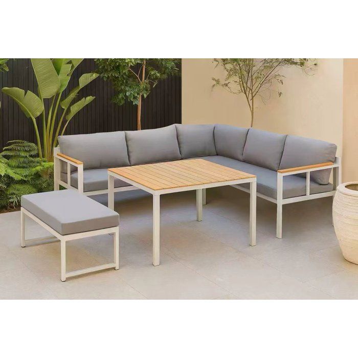 Salon de jardin d'angle 6 personnes - Aluminium - BAIA - canapé d'angle + 1 banc + table haute - Gris