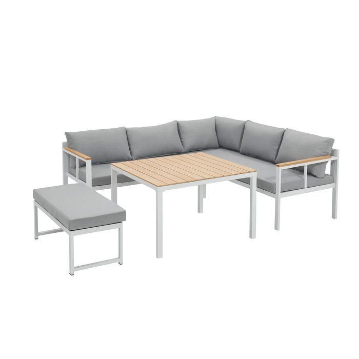 Salon de jardin d'angle 6 personnes - Aluminium - BAIA - canapé d'angle + 1 banc + table haute - Gris