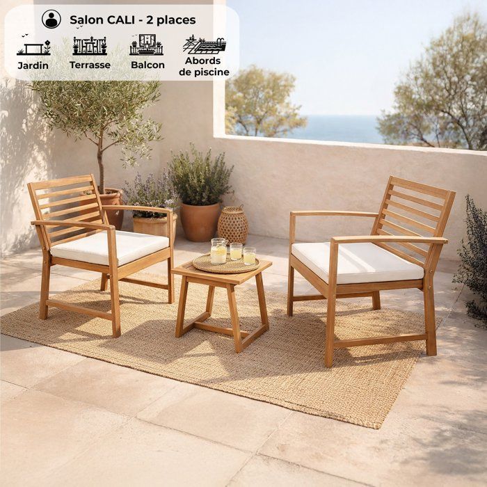 Salon de jardin en bois d'Acacia FSC avec coussins - CALI - 1 table café + 2 fauteuils - Ecru - 2 personnes